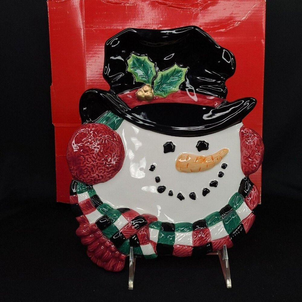 Fitz‎ and Floyd Christmas Serving Plate Snowman Face Top Hat Canape Platter New